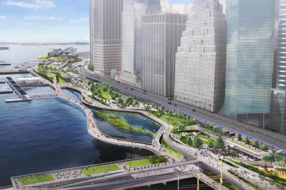 A conceptual rendering showing an extended shoreline, filled with green park space, along the shore of Lower Manhattan.